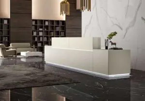 quadrifoglio z1 reception desk in white shown in a prestigious foyer